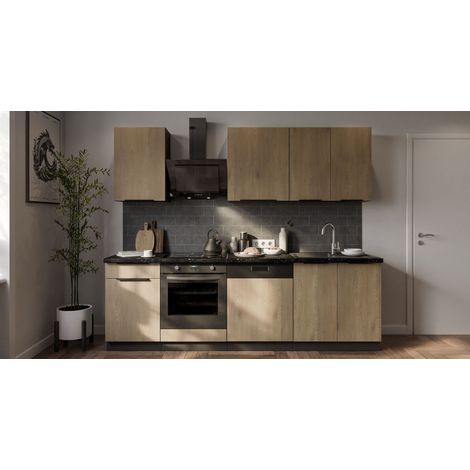 Küche CREMONA Basic 250 cm Eiche hell Küchenzeile Küchenblock Singleküche EinbaukücheKorpus - Schwarz (1/5)