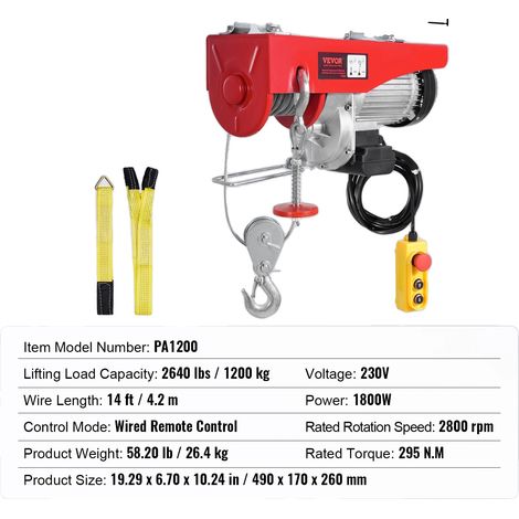 Treuil Électrique, Capacité de 1200 kg, Contrôle Filaire, 2640lbs (1/2)
