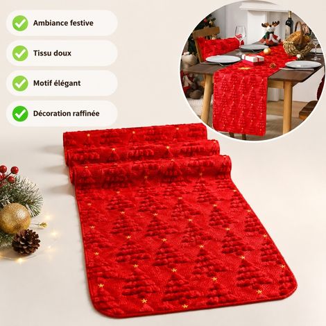 Chemin de table de Noël étoiles et sapins, rouge vif, 33 x 183 cm, polyester velouté, style nordique, pour table (1/4)