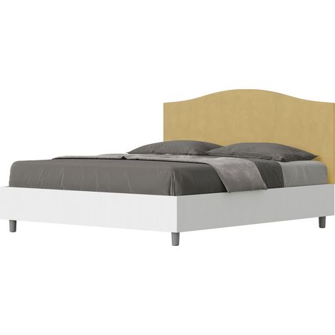 Letto Matrimoniale 160x190 cm con Rete e Contenitore Alzata Comoda Struttura Bianco Frassico e Testata in Microfibra Grace Ocra (1/5)