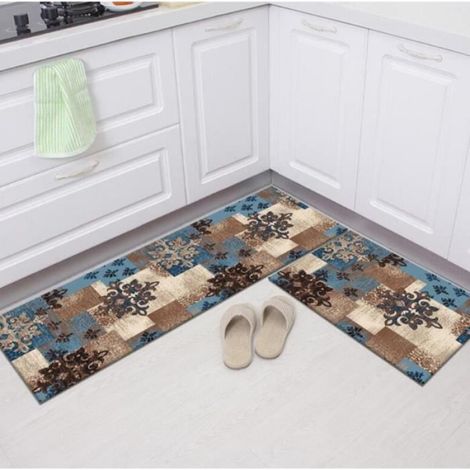 2 pièces Tapis de Cuisine Antidérapant - 40 x 120cm & 40 x 60cm - Tapis de Sol Salle de Bain Absorbant Bleu Marron (1/2)