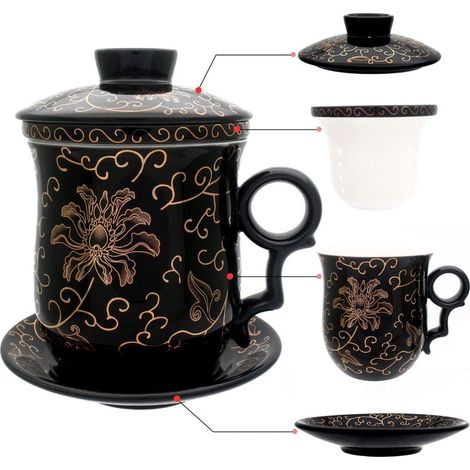 Porzellan-Teetasse – mit integriertem Teesieb, Deckel und Untertasse – 350 ml – zum Aufbrühen von losem Tee zu Hause oder im Büro (1/5)