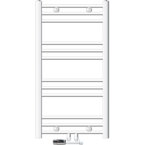 ECD Germany Radiador Toallero de Baño Sahara 500 x 800 mm Blanco Recto con Conexión Central en Forma de Esquina a la Pared, Calentador Secador de Toallas con Kit de Montaje Incluído