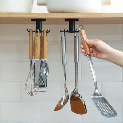 Set of 2 hooks for kitchen utensils, 360° rotation, hanging storage rack to be fixed without drilling.