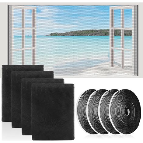 Lot de 4 Moustiquaires pour Fenêtre 150x200cm, Toile Auto-Collante Anti Moustique  avec Bande Auto-Agrippante  Installation Rapide et Facile  pour le Balcon du Puits de Lumière du Salon