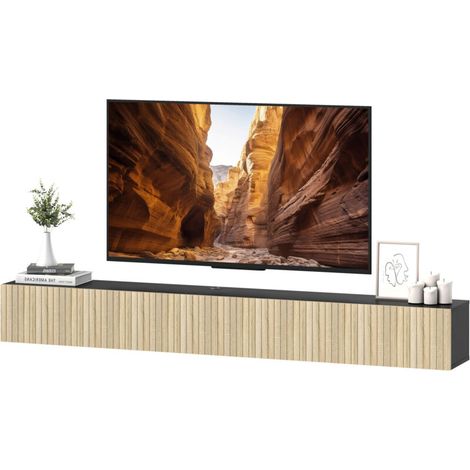 Meuble TV Meuble TV suspendu 140cm, meuble télé pour téléviseur 72 pouces, 2 portes rabattables, 140x25x22cm, bois naturel et noir (1/5)