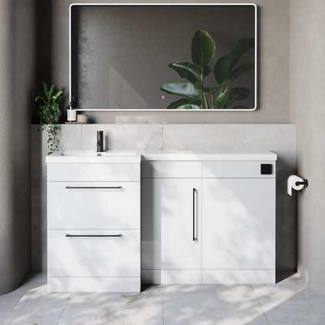Napoli 390 Gloss White 1500mm 2 Drawer Vanity Unit Toilet Suite with Left Hand Square Lucia Basin - 1500mm - Matt Black 320mm HandleWithout Kingston Toilet Pan