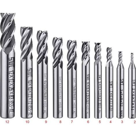 Set di 10 punte da trapano a quattro taglienti - Fresa a candela da 2 a 12 mm - Set di punte da trapano HSS CNC con gambo dritto per foratura - Set di utensili per legno, alluminio, acciaio e titanio