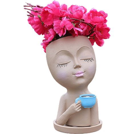 Pot de fleurs original, motif fille au café, kaki, pot de fleurs fantaisie pour la décoration intérieure (1/5)