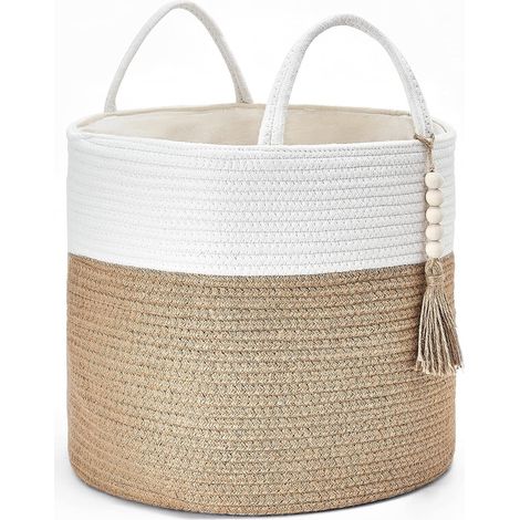Panier déco macramé jute coton jaune et blanc