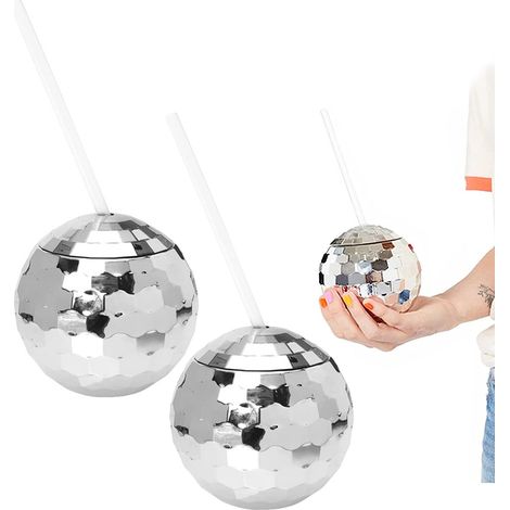 Gobelets à boissons boule disco années 1970 avec paille, lot de 2, pour les fêtes colorées du Nouvel An, les verres à alcool, la vaisselle, les remises de diplômes, les mariages (59 cl) (1/5)