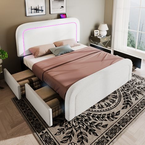 Polsterbett Sherpa Weiß 160x200 cm mit Matratze, LED-Beleuchtung, USB/Type-C und 4 Schubladen (1/5)