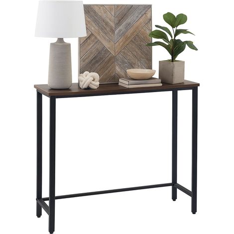 Mesa consola industrial - Estrecha, con estructura metálica y tablero de madera.