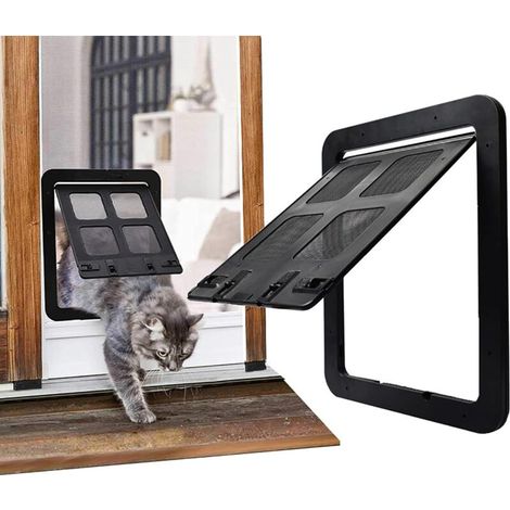 Dog Cat Screen Door with Lockable Magnetic Flap, Heavy Duty Magnetic Closure for Existing Sliding Door, Window (S (Inner Size: 23.1 x 18.1 cm), Black)