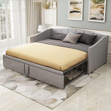 Sofa cama 90x200/180x200 cm gris tapizado, cama nido extraible con lamas (1/5)