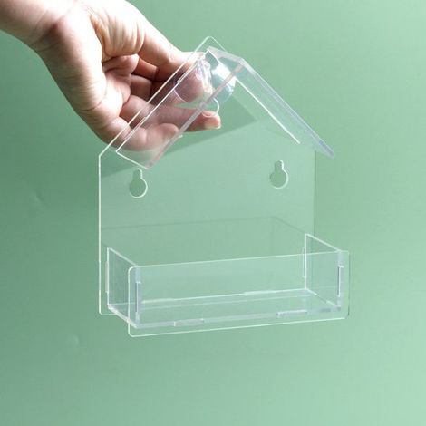 Cage à oiseaux en acrylique, mangeoire à oiseaux avec ventouse sans perçage, mangeoire murale transparente, produits pour une utilisation intérieure et extérieure. (1/4)