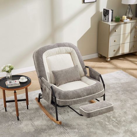 Fauteuil à bascule avec repose-pieds – Poche latérale – Dossier inclinable 100-160° – Structure métallique et bois – Fausse fourrure – 80×87×95 cm – Gris (1/5)
