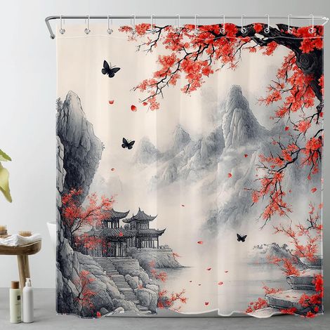 Montagne Grise Rideaux de Douche 180x180cm Fleur Rouge Arbre Papillon Noir Rideaux de Bain avec Crochets,Cabine Japonaise Imperméable Polyester Anti Moule Salle de Bain Décor (1/5)