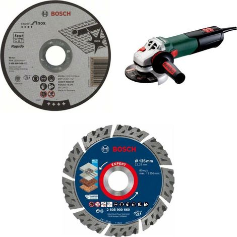 Metabo Winkelschleifer WEV 17-125 Quick & Schnellspannmutter – 3-teiliges Set mit Bosch 1 mm Trennscheibe, X-LOCK Diamanttrennscheibe & Spannmutter (1/4)