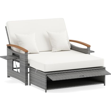 Banquette de jardin 2 places en rotin PE blanc avec pouf de rangement modulable, dossier 4 positions, mobilier extérieur pour terrasse, balcon et bord de piscine (1/5)