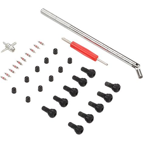 Kit de réparation de valves de pneus (33 pièces) comprenant extracteur, installateur et démonteur pour camping-cars, voitures, vélos et motos. (1/5)