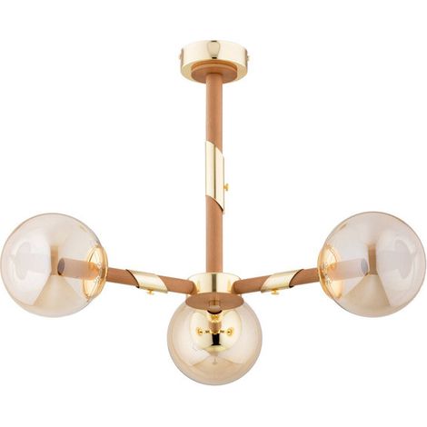 Alfa GELIA Wooden & Gold Ceiling Light with 3 Glass Globe Shades, 3xE14 (max 10W) Dimmable, Modern Flush Mount Lamp for Living Room, 57cm, 45cm High, Metal/Wood