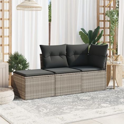 Set de sofá de jardín 3 pzas y cojines ratán sintético gris