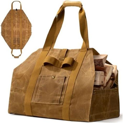 Sacco per legna 2 in 1 in tela cerata, formato extra large, con manici, ideale per caminetto esterno, campeggio, stufa a legna e barbecue. (1/5)