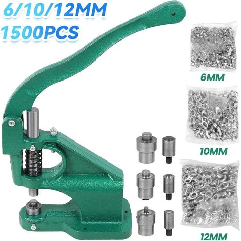 Pince à œillets, Presse à œillets Sécurisée avec 1500 œillets, Sûr et Sans Effort, Diamètre Intérieur 6/10/12 mm, Jeu de Pinces à œillets, pour Toile Affiche Bâche Tente de Réparation