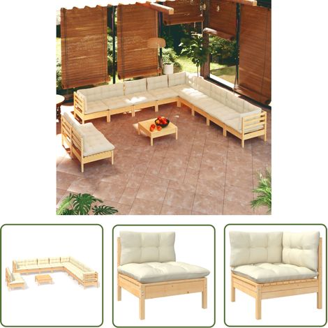 INLIFE Salon de jardin 12 pcs avec coussins crème Bois de pin massif (1/5)