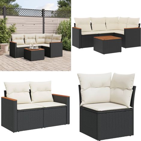 Salon de jardin 5 pcs avec coussins noir résine tressée - Ensemble Salon De Jardin - Mobilier Extérieur - Canapé Jardin - Table Basse Jardin - Chaise Lounge - Home & Living (1/5)