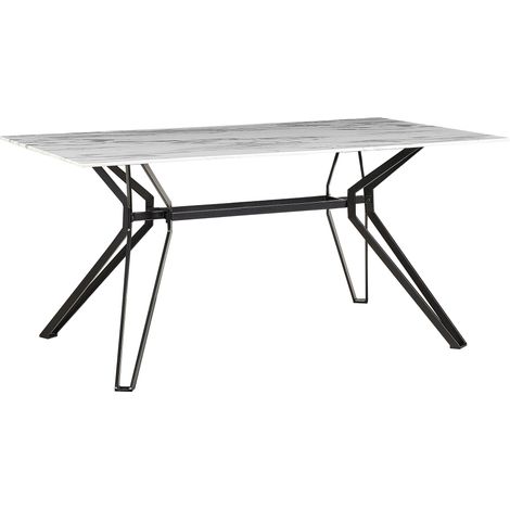 Mesa de comedor tablero de cristal templado rectangular patas de metal negro 160 x 90 cm efecto mármol moderno Ballina