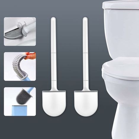 VURAHOME - 2PCS Brosse WC Silicone et Supports Toilettes brosse toilette Profondeur,Balayette WC avec Long Manche en Plastique Antidérapant et Poils Flexibles,Brosse Toilette avec Support à Séchage Ra (1/5)