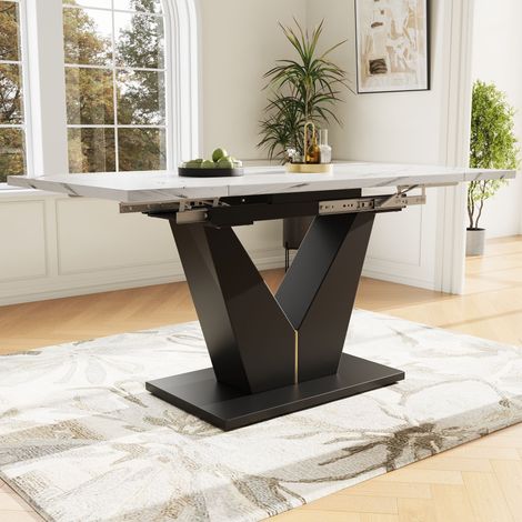 Table à manger télescopique 99-159×75 cm plateau blanc forme V économe d’espace. Design flexible pour bureau,salon et salle à manger-Ha. (1/5)