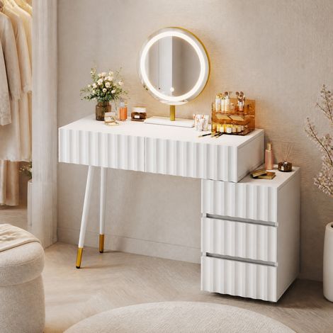 Tavolo da trucco con specchio LED, 100x40x127 cm, 5 cassetti, illuminazione a 3 colori, MDF e truciolare, bianco (1/5)