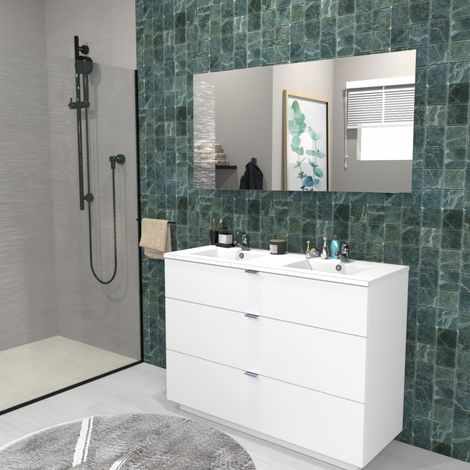 Le Quai Des Affaires – Meuble sous-vasque 3 tiroirs 120 cm – Vasque résine blanc brillant – Façades laquées blanches – Dimensions H91 cm – Fixation murale (1/4)