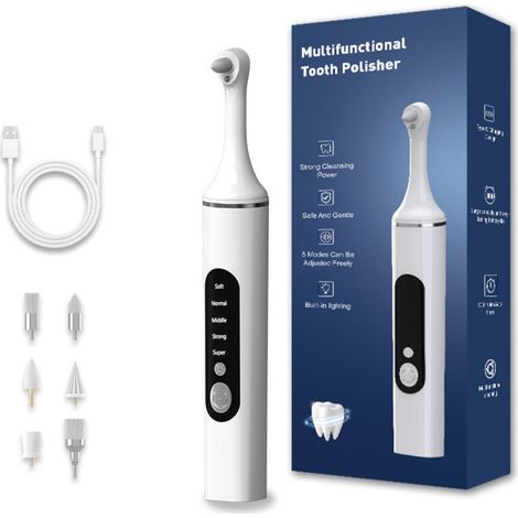 Dental polisher - dental Whitening appareil dentaire Remover tartre électrique polissage kit de nettoyage des dents avec lumière LED, 5 modes de vitesse avec 6 têtes de brosse (blanc)