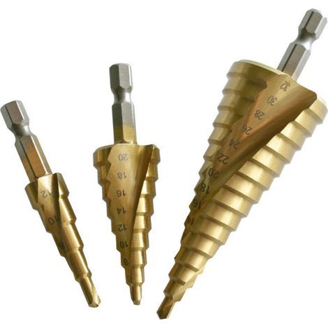 3PCS Foret Étagé Rainuré en Spirale, 4-12/20/32mm Fraise Meche Etage Metal Acier Rapide Revêtu de Titane HSS pour Percer dans Acier, Laiton, Bois (1/5)