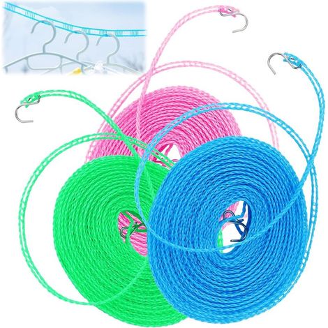 Lot de 3 cordes à linge coupevent antidérapantes 10 m Accessoire de camping pour jardin, voyage, vacances, campingcar ou caravane (1/5)