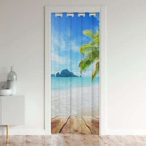 Rideau de Porte de Plage Océan Rideau D'Ombrage Tropical Palmier Hawaï Océan Soleil Plage Côte Nature Thème Vague Montagne Brun Rideau de Porte en Bois,Bleu,1 Pièce,86x203 - 86L X 203H cm (1 Panneaux) (1/5)