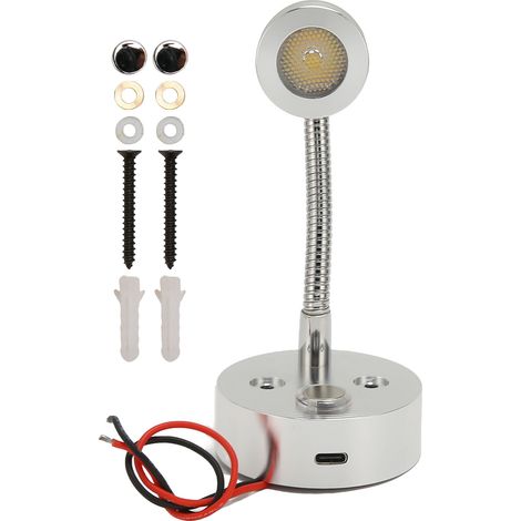 Lampe de lecture RV LED avec USB-C, 3 températures de couleur, variateur tactile, dissipation thermique optimale, pour bateaux, camions et voitures, 12-24V DC, argentée. (1/5)