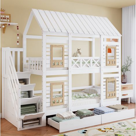 Letto a castello per bambini in legno massello e MDF bianco e naturale, 90x200 cm, con scaletta contenitore e cassetti. (1/5)