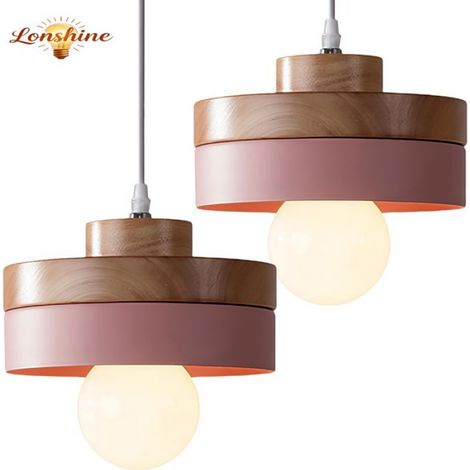 LONSHINE 2PCS Suspension Moderne Rond Lustre Abat-jour en Bois et Métal Rose E27 Luminaire Éclairage de Plafond pour Salon Chambre (1/5)