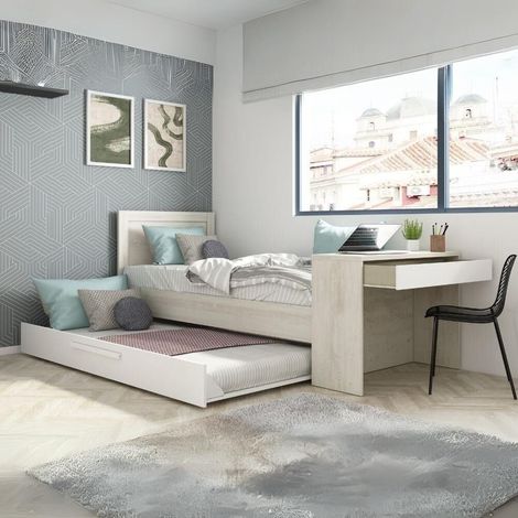 Letto 1950 con scrivania integrata e letto estraibile reversibile bianco vintage e bianco (1/5)