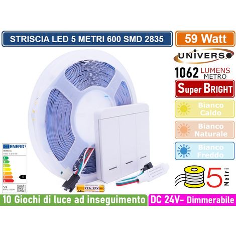 STRIP STRISCIA LED FLESSIBILE MONOCOLORE DC 24V 59W 600 SMD LED 2835 5310 LUMEN 10 GIOCHI DI LUCE AD INSEGUIMENTO IP20 - Colore Luce: Bianco Freddo (1/3)