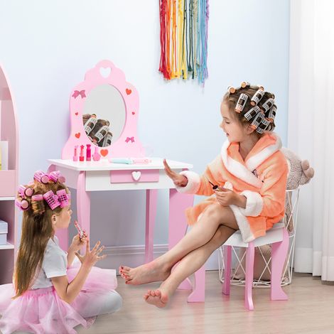 Tavolo da trucco in legno per bambini ZONEKIZ con sgabello e specchio, centro bellezza con 1 cassetto per bambini dai 3 ai 6 anni, 50x36,5x89,5 cm, rosa