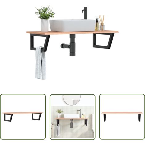 The Living Store Waschtischplatte mit Halterung Stahl und Massivholz Eiche - Waschtisch Ablage - Eichenholzablage - Badmöbel - Spiegelschrank - Badezimmereinrichtung
