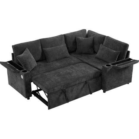 Sofá Rinconero Convertible con Arcón, Portavasos y Puerto USB, Chenilla, Gris Oscuro (1/5)