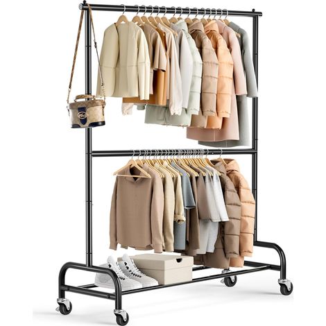 Portant à vêtements robuste pour suspendre les vêtements à double tringle à vêtements à roulettes en métal réglable noir (1/4)