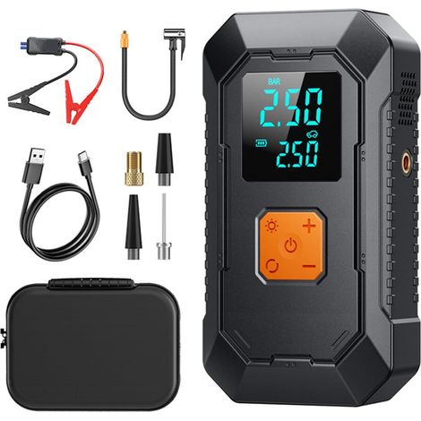 Arrancador portátil de 12 V para coche con bomba de aire, inflador de neumáticos de 150 psi, más de 10 arranques para motores de 5 L, más de 20 arranques (batería de 10 000 mAh + pinza inteligente + b (1/5)